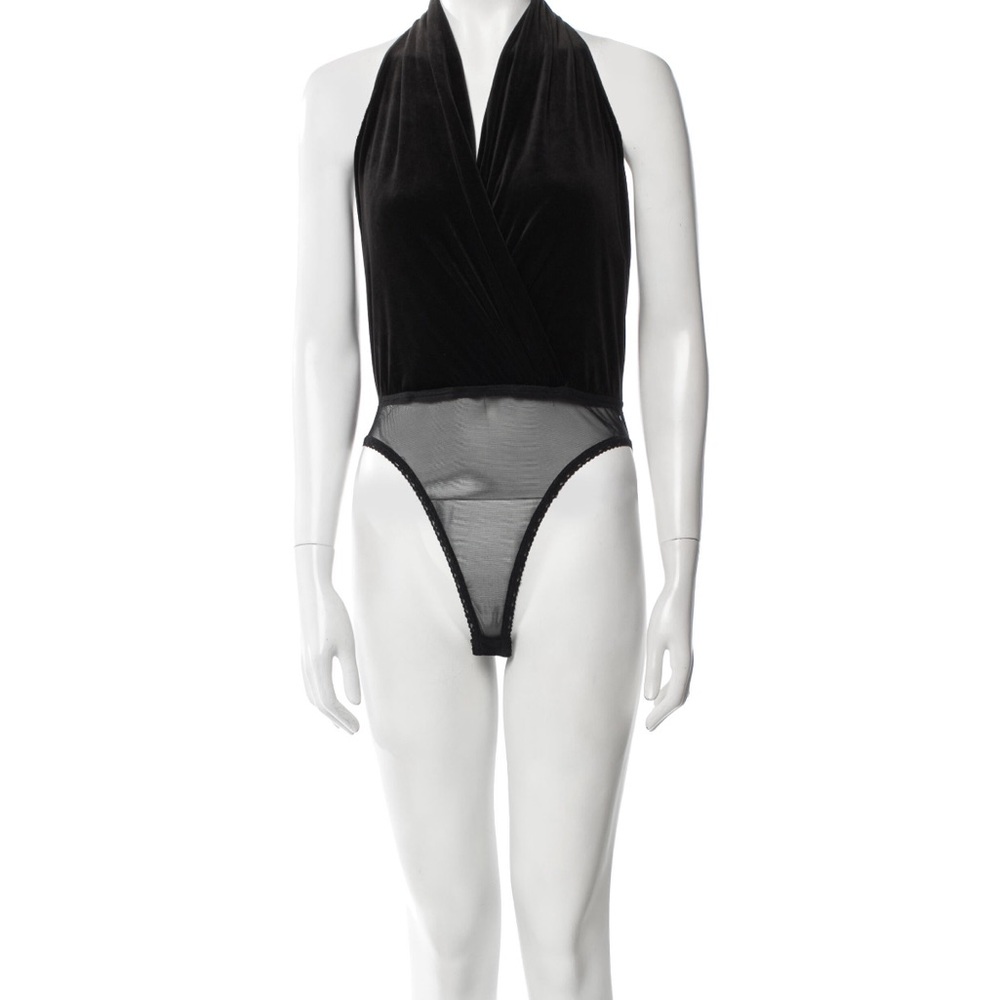 Emanuel Ungaro Black Velvet & Mesh Halter Bodysuit